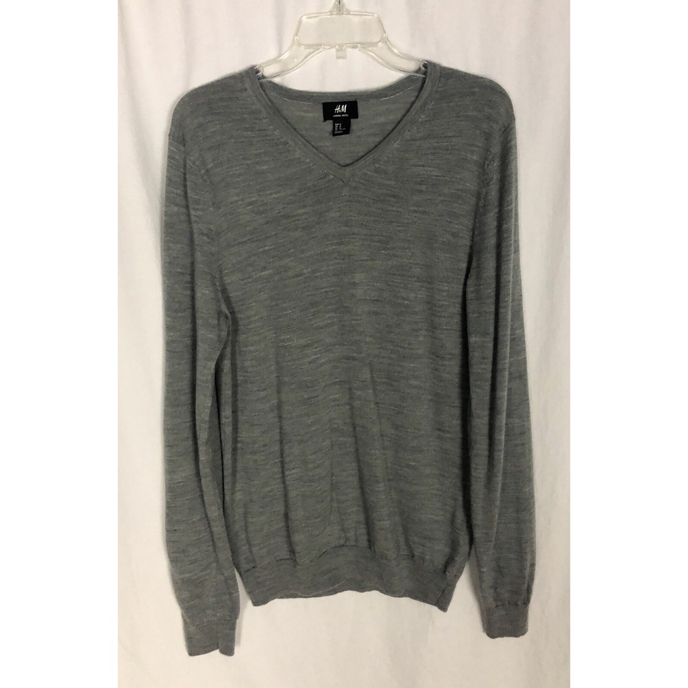 H&M Merino Wool Sweater Men's Size M Gray Lightweight Longsleeve V Neck - Picture 2 of 7